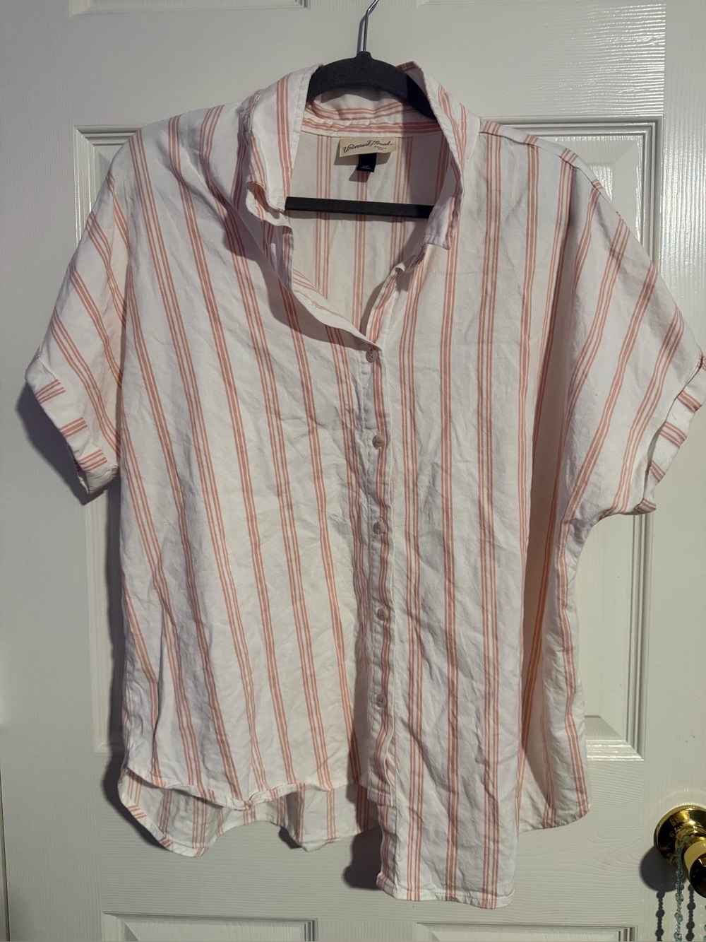 Universal Thread White Button-Up Shirt with Rust Stripes